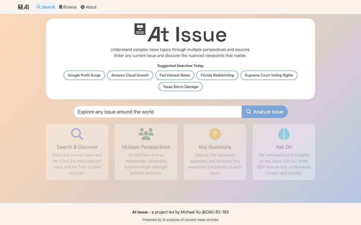 Screenshot of At Issue AI-powered news analysis project
